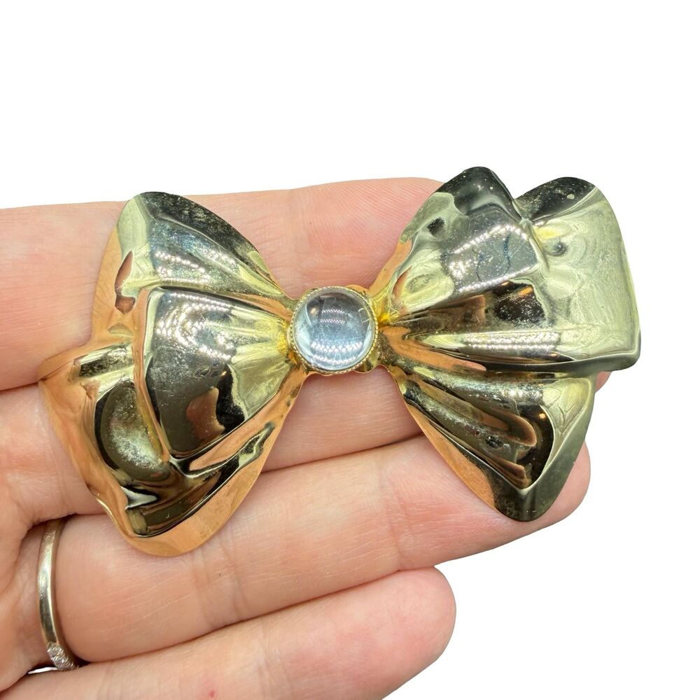 Vintage Jewelry Gold Tone Bow with glass gem large ribbon pin